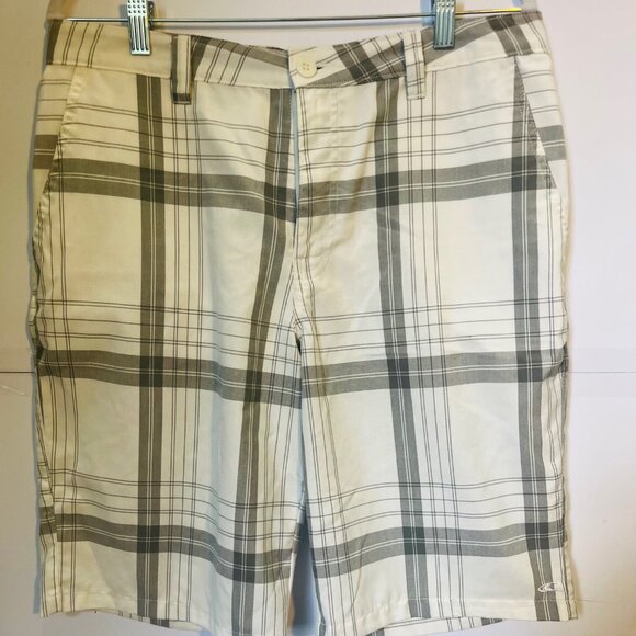 O’Neill Men’s Plaid Shorts Beige Gray Size 33 Surf Skate Casual - Picture 1 of 3